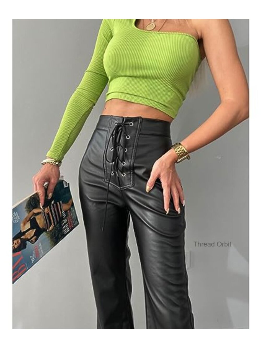 Faux Leather Lace Up Flare Pants High Waisted Straight Leg Bell Bottom - Picture 4 of 4